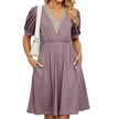 Solid Color Lace V-neck Patchwork Short Sleeve Pocket Waist Dress