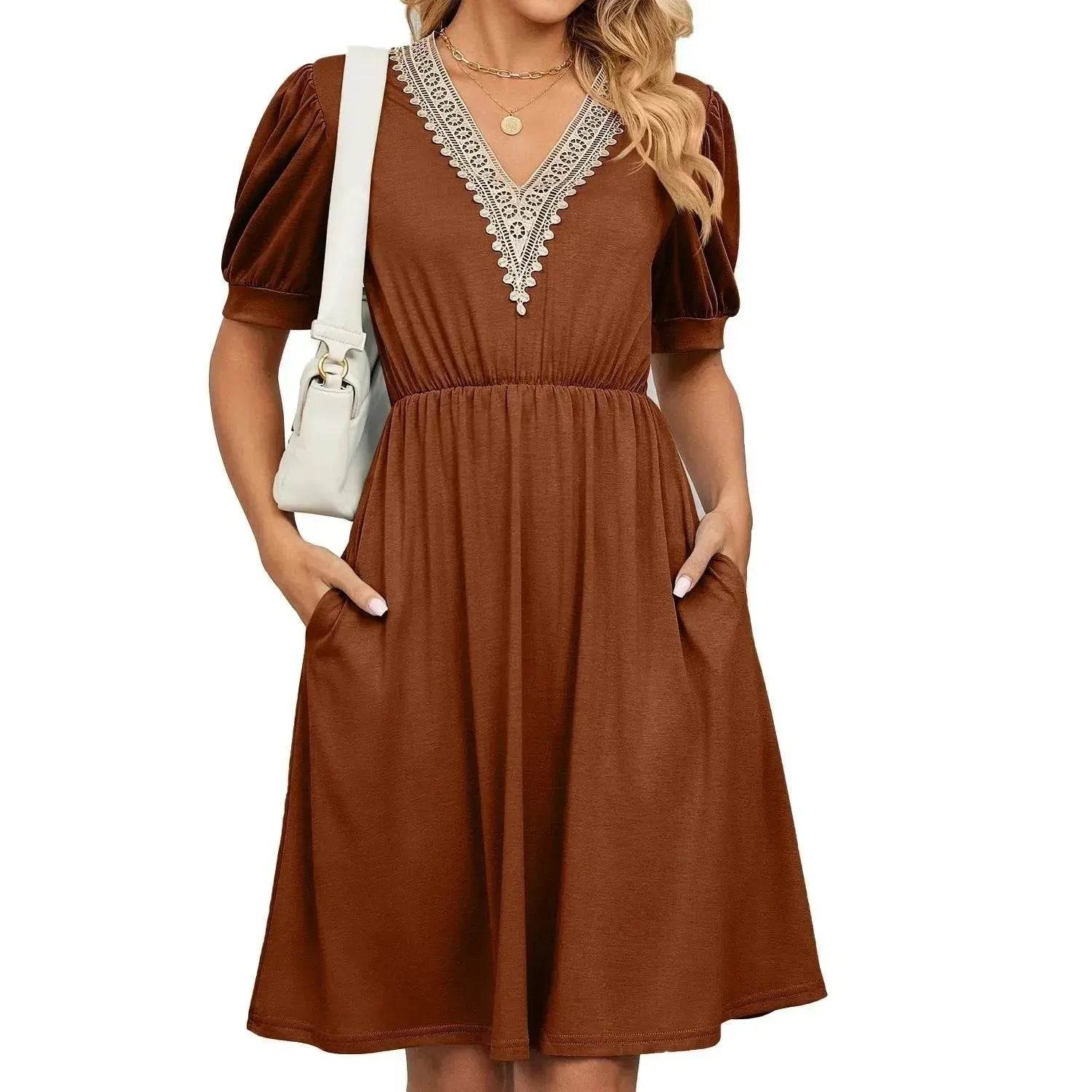 Solid Color Lace V-neck Patchwork Short Sleeve Pocket Waist Dress
