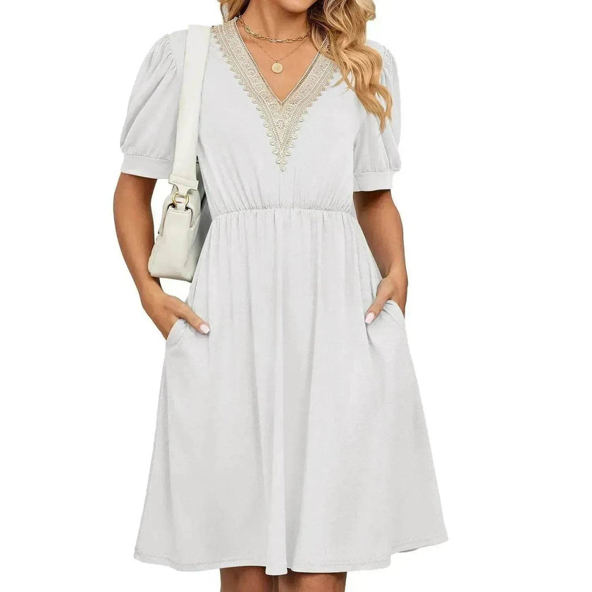 Solid Color Lace V-neck Patchwork Short Sleeve Pocket Waist Dress
