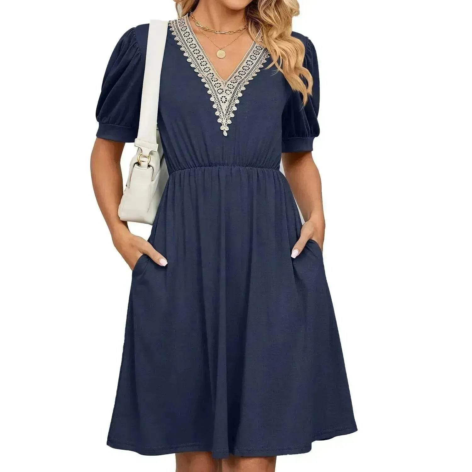 Solid Color Lace V-neck Patchwork Short Sleeve Pocket Waist Dress