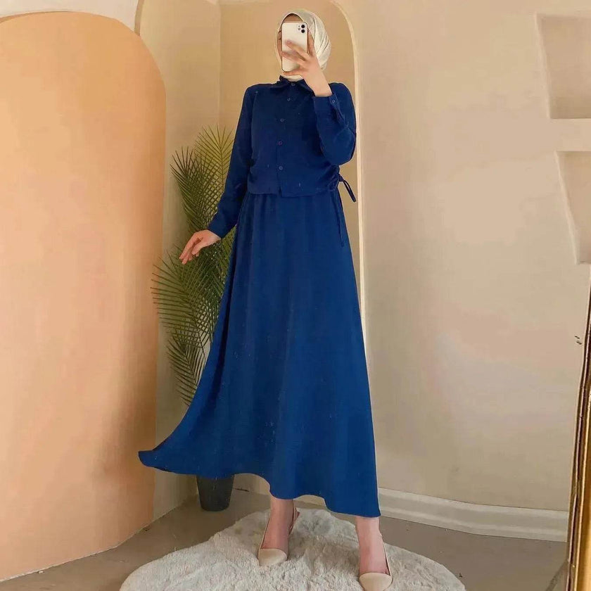 Solid Color Long Sleeve Skirt Suit for Elegant Arab Dubai Turkey Middle Eastern Women Abaya Dress