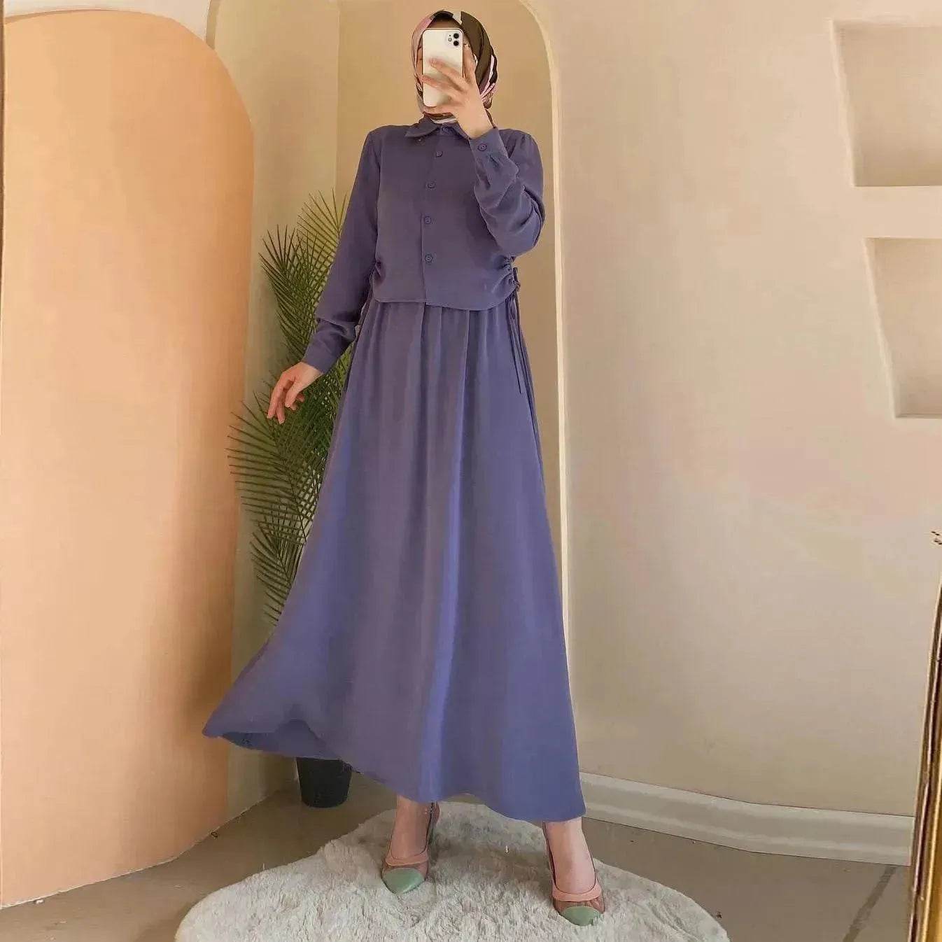 Solid Color Long Sleeve Skirt Suit for Elegant Arab Dubai Turkey Middle Eastern Women Abaya Dress