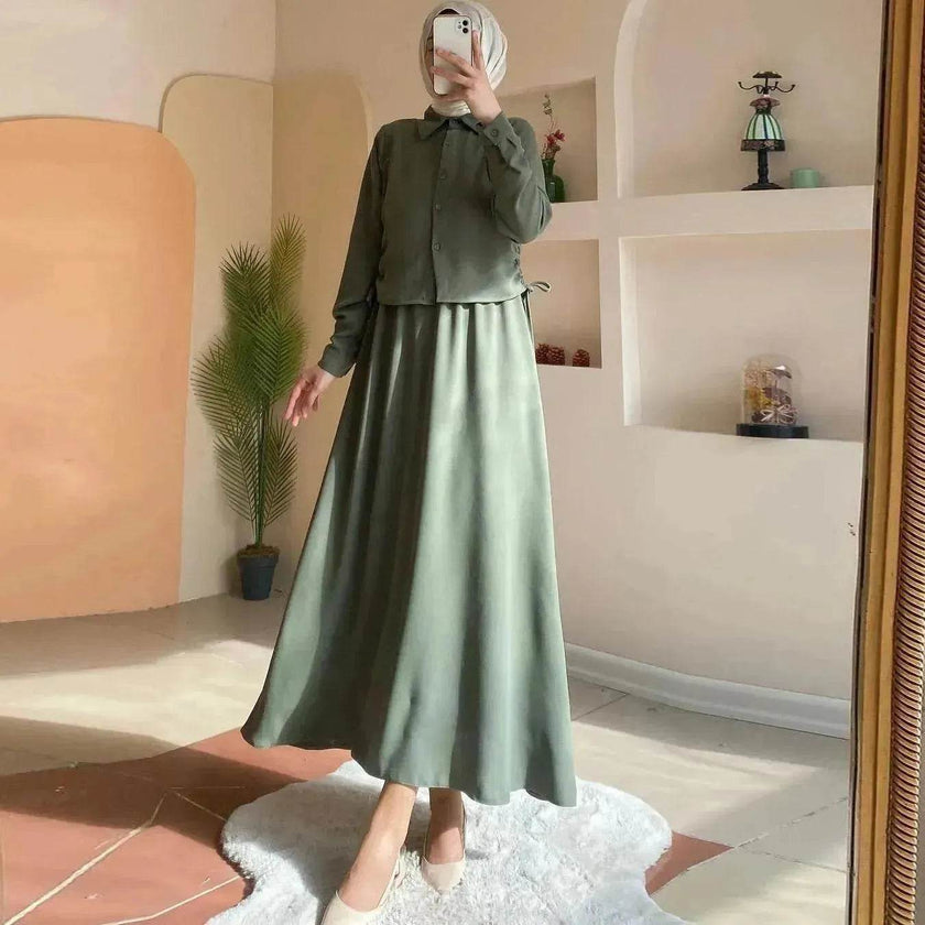 Solid Color Long Sleeve Skirt Suit for Elegant Arab Dubai Turkey Middle Eastern Women Abaya Dress