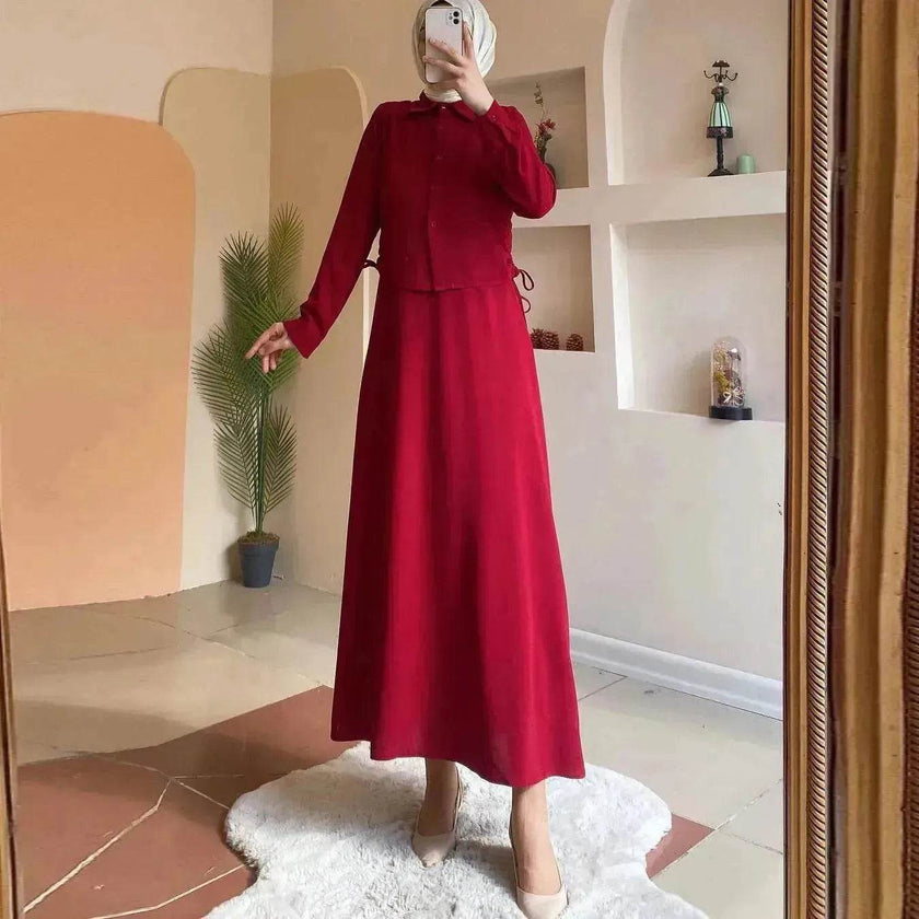 Solid Color Long Sleeve Skirt Suit for Elegant Arab Dubai Turkey Middle Eastern Women Abaya Dress