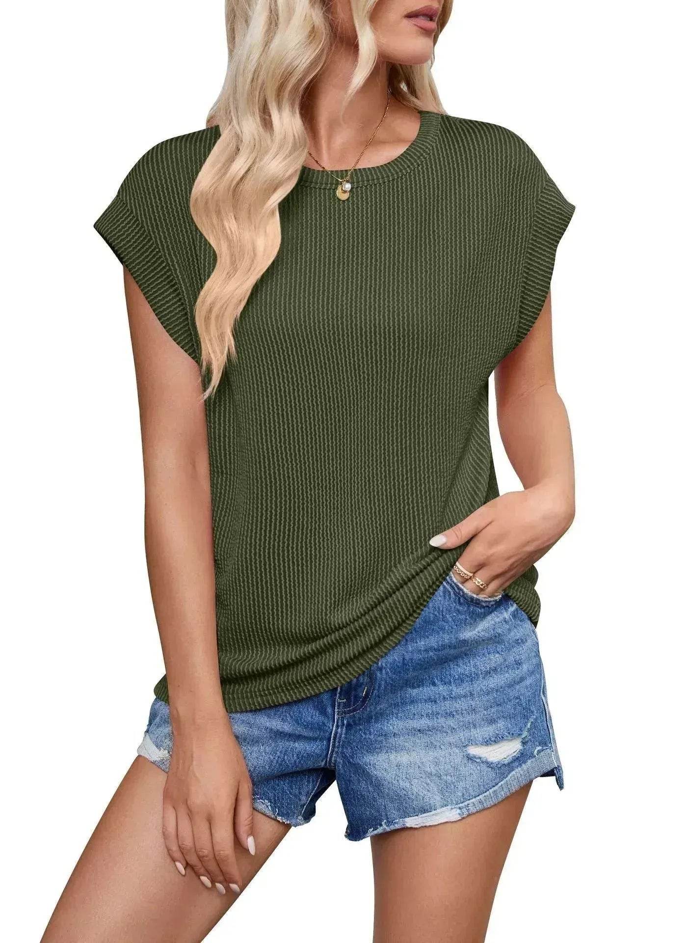 Solid Color Stripe Bat-sleeve Summer Casual Loose Vest blouse Tops for Women.