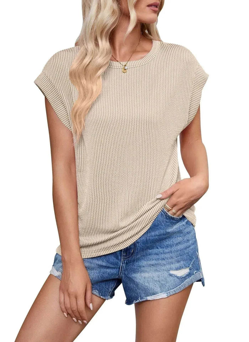 Solid Color Stripe Bat-sleeve Summer Casual Loose Vest blouse Tops for Women.
