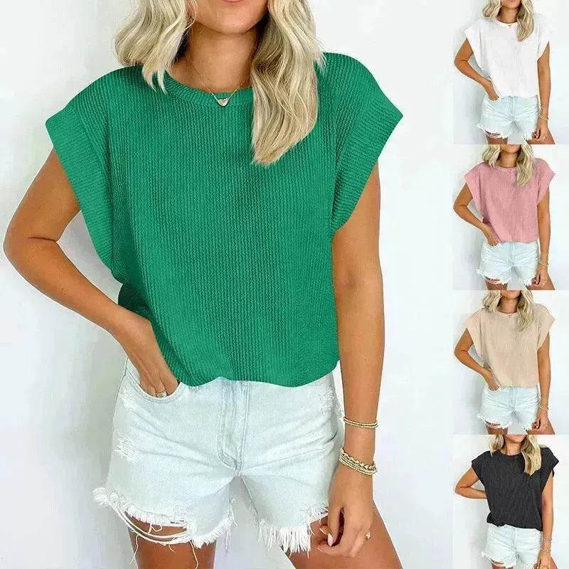 Solid Color Stripe Bat-sleeve Summer Casual Loose Vest blouse Tops for Women.