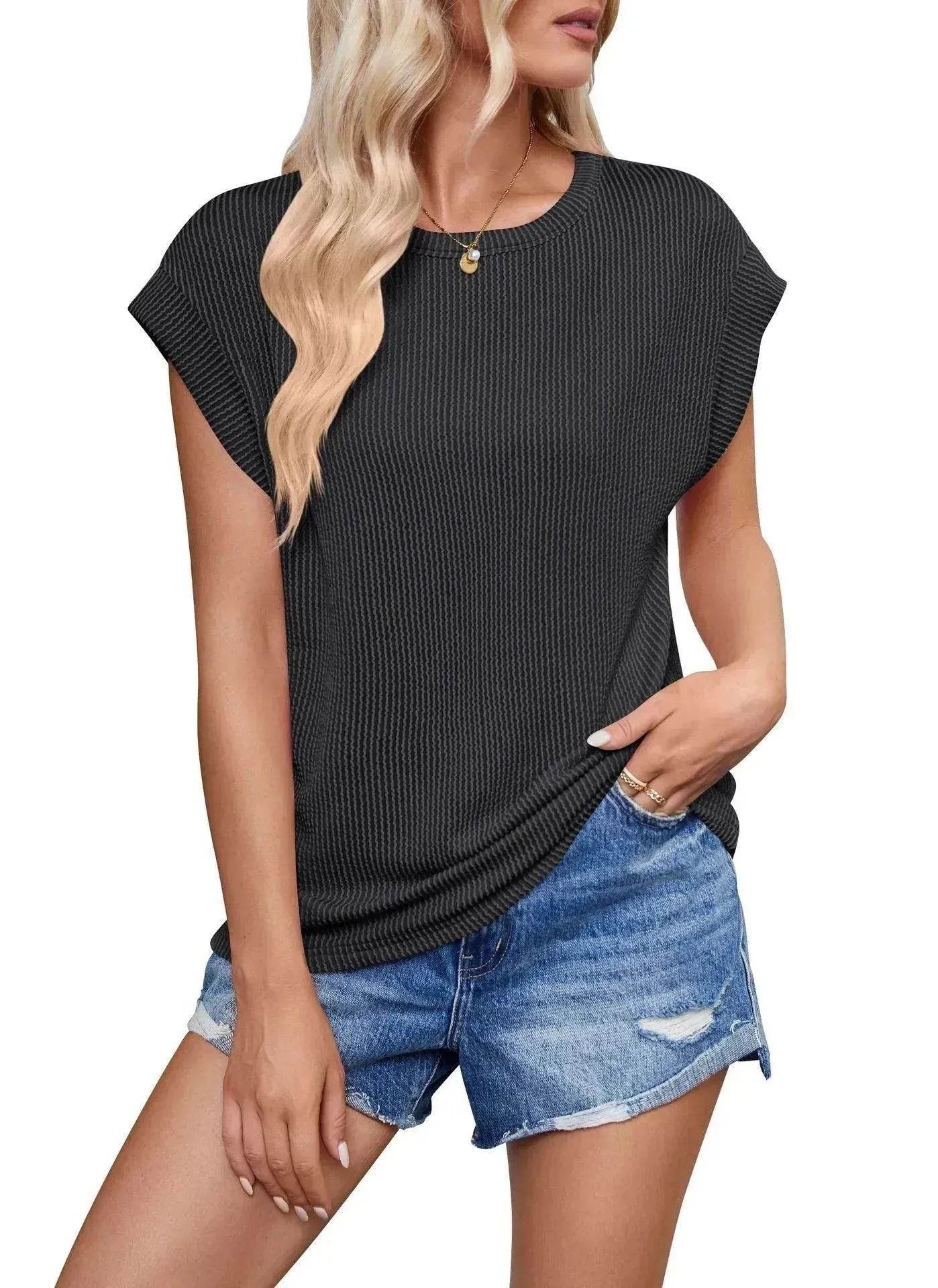 Solid Color Stripe Bat-sleeve Summer Casual Loose Vest blouse Tops for Women.
