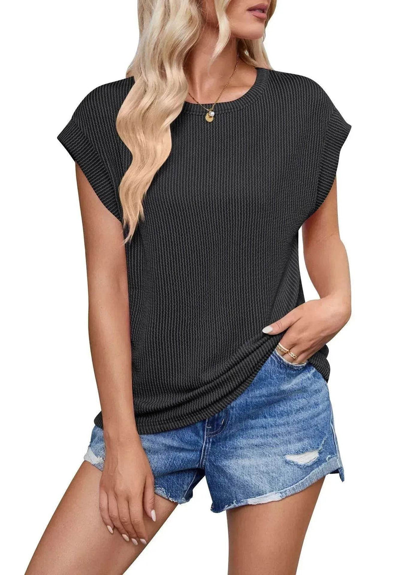 Solid Color Stripe Bat-sleeve Summer Casual Loose Vest blouse Tops for Women.