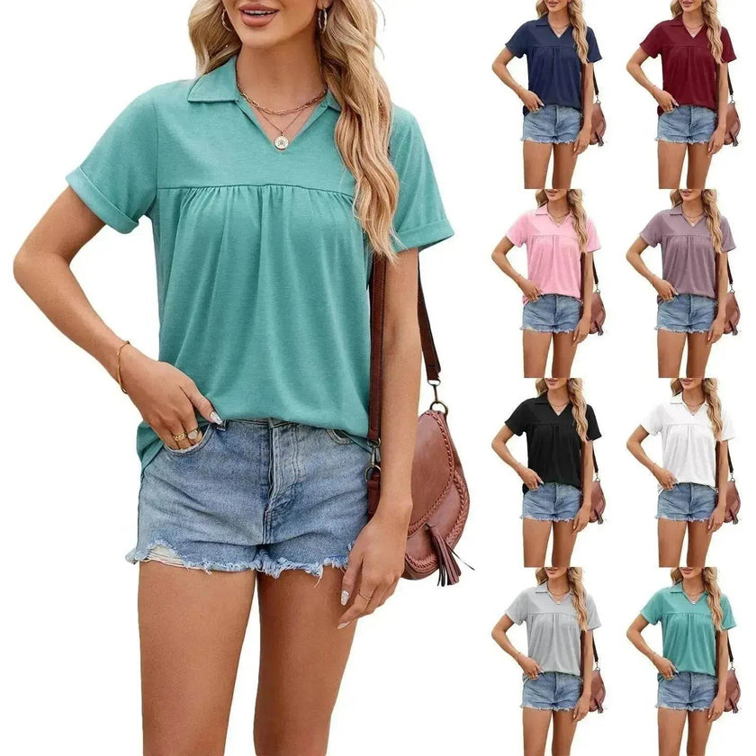 Solid Color V-neck Lapel Short-sleeved Cotton Summer Loose polo shirt Top Women