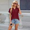 Solid Color V-neck Lapel Short-sleeved Cotton Summer Loose polo shirt Top Women