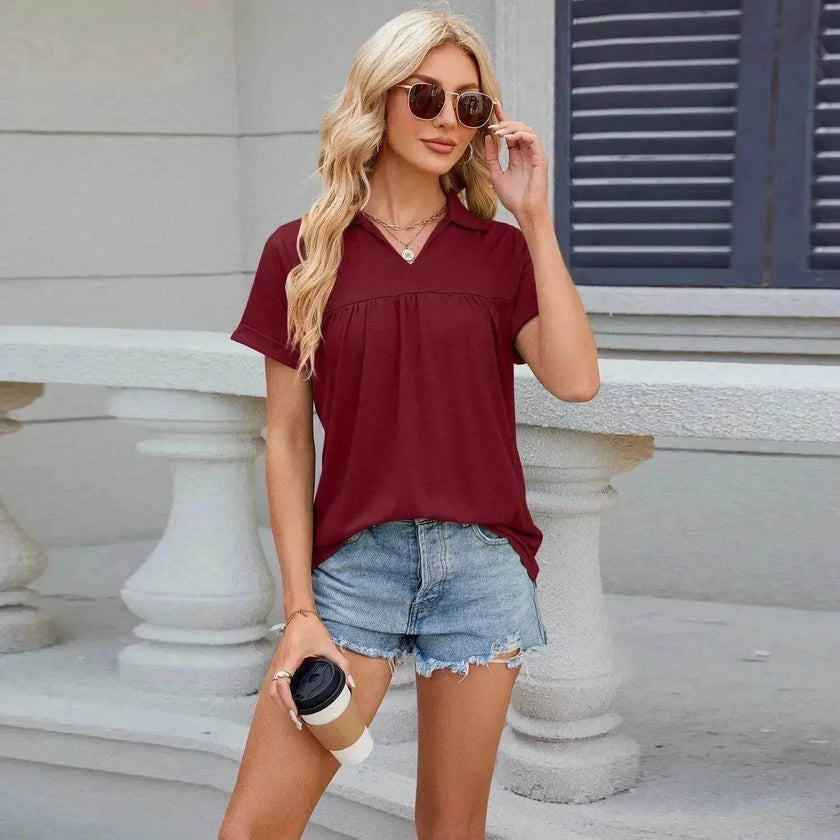 Solid Color V-neck Lapel Short-sleeved Cotton Summer Loose polo shirt Top Women