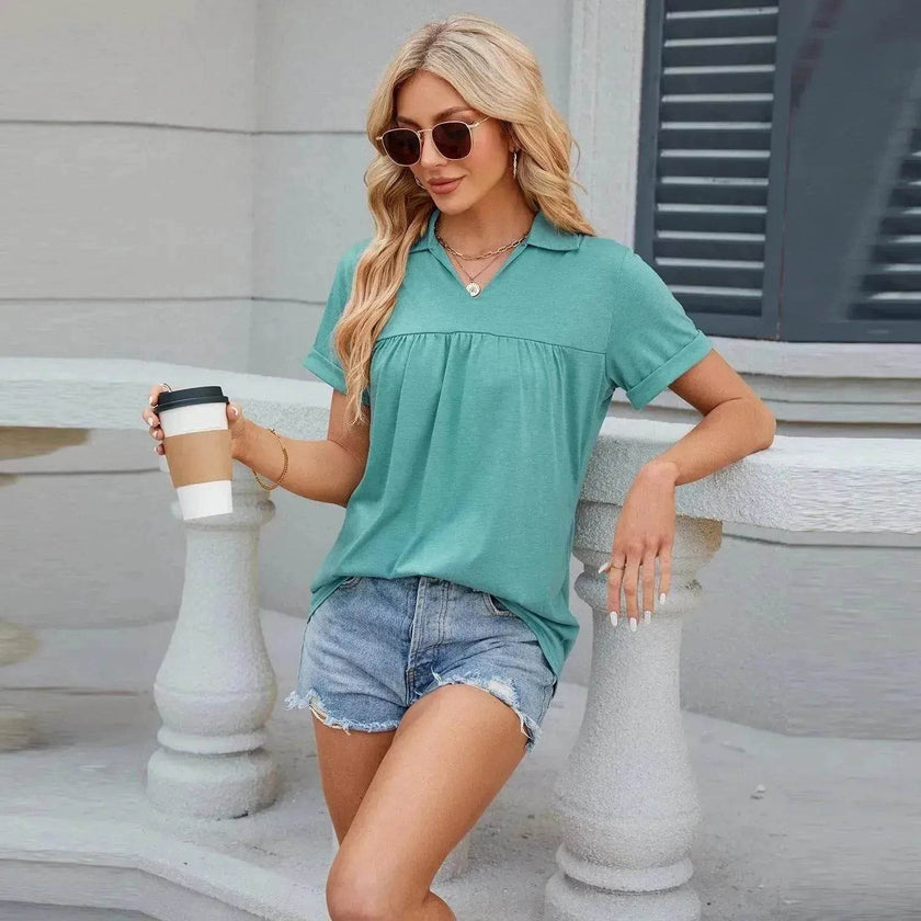Solid Color V-neck Lapel Short-sleeved Cotton Summer Loose polo shirt Top Women