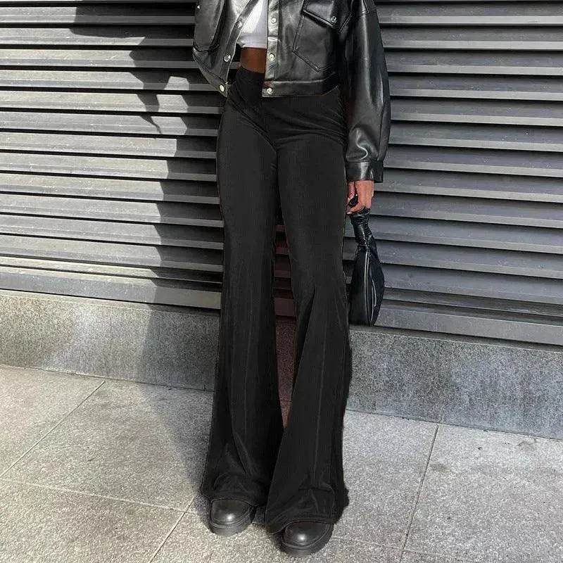 Solid Color Velvet Elastic High Waist Slimming Casual Bootcut Trousers Women