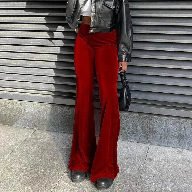 Solid Color Velvet Elastic High Waist Slimming Casual Bootcut Trousers Women
