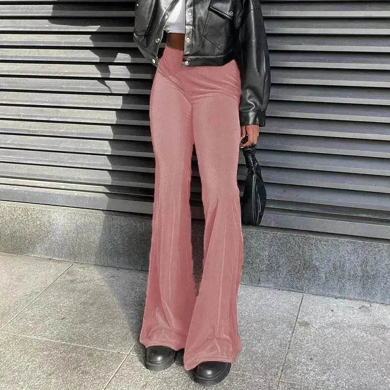 Solid Color Velvet Elastic High Waist Slimming Casual Bootcut Trousers Women