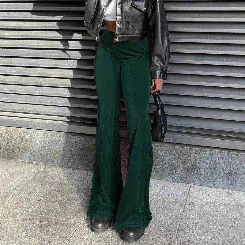 Solid Color Velvet Elastic High Waist Slimming Casual Bootcut Trousers Women