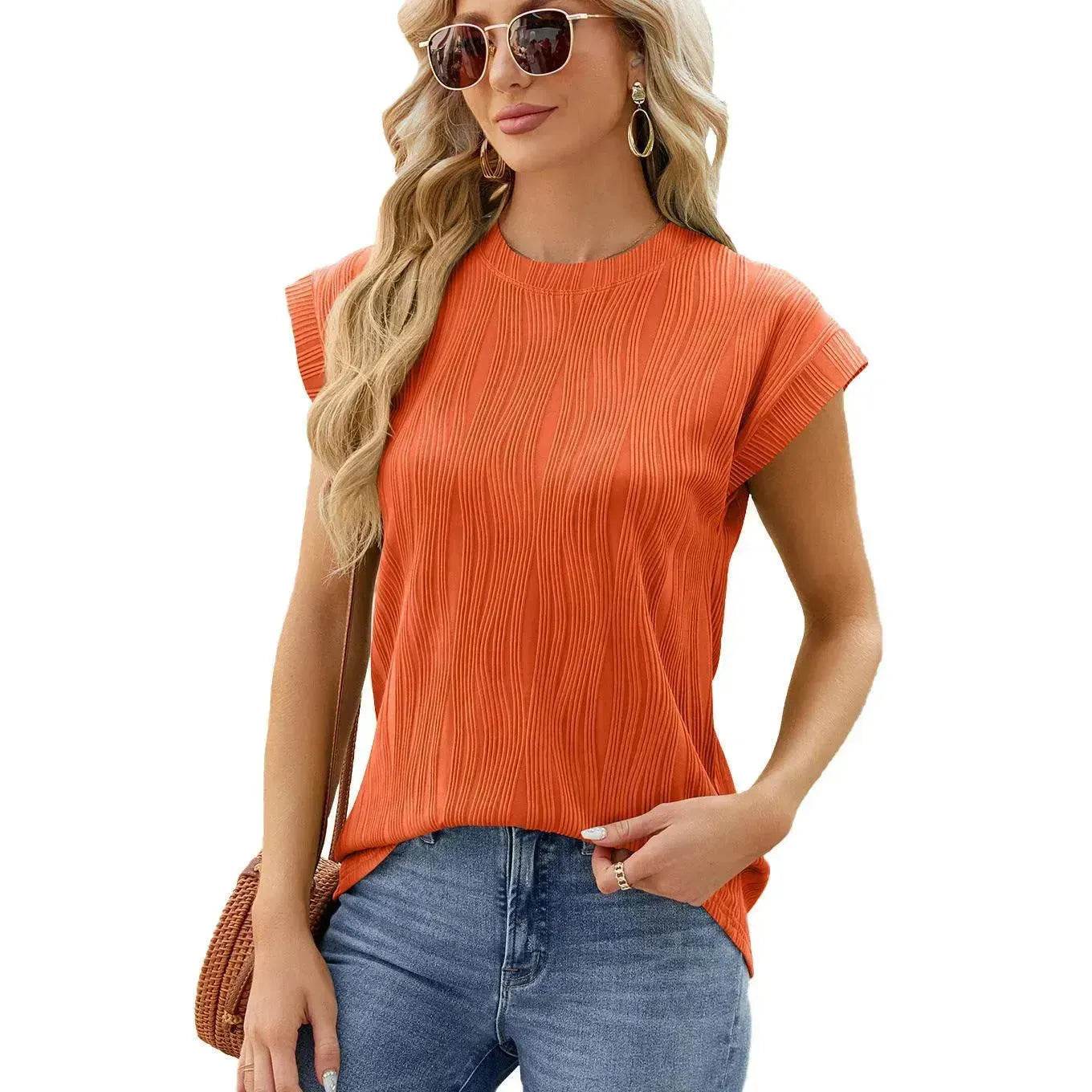 Solid Color Wave Pattern Bat Short sleeve blouse Top Summer Loose Vest Casual Cotton Women