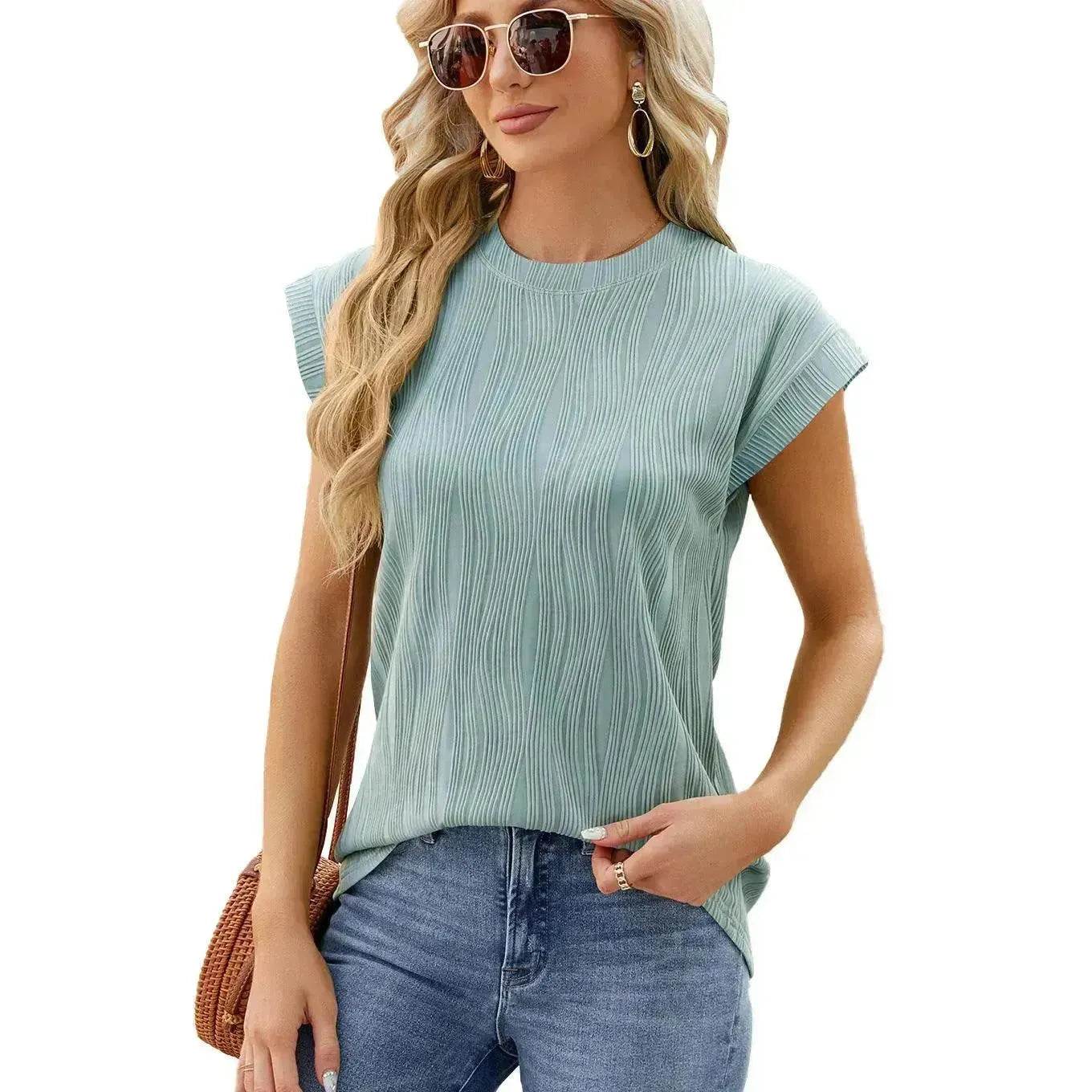 Solid Color Wave Pattern Bat Short sleeve blouse Top Summer Loose Vest Casual Cotton Women