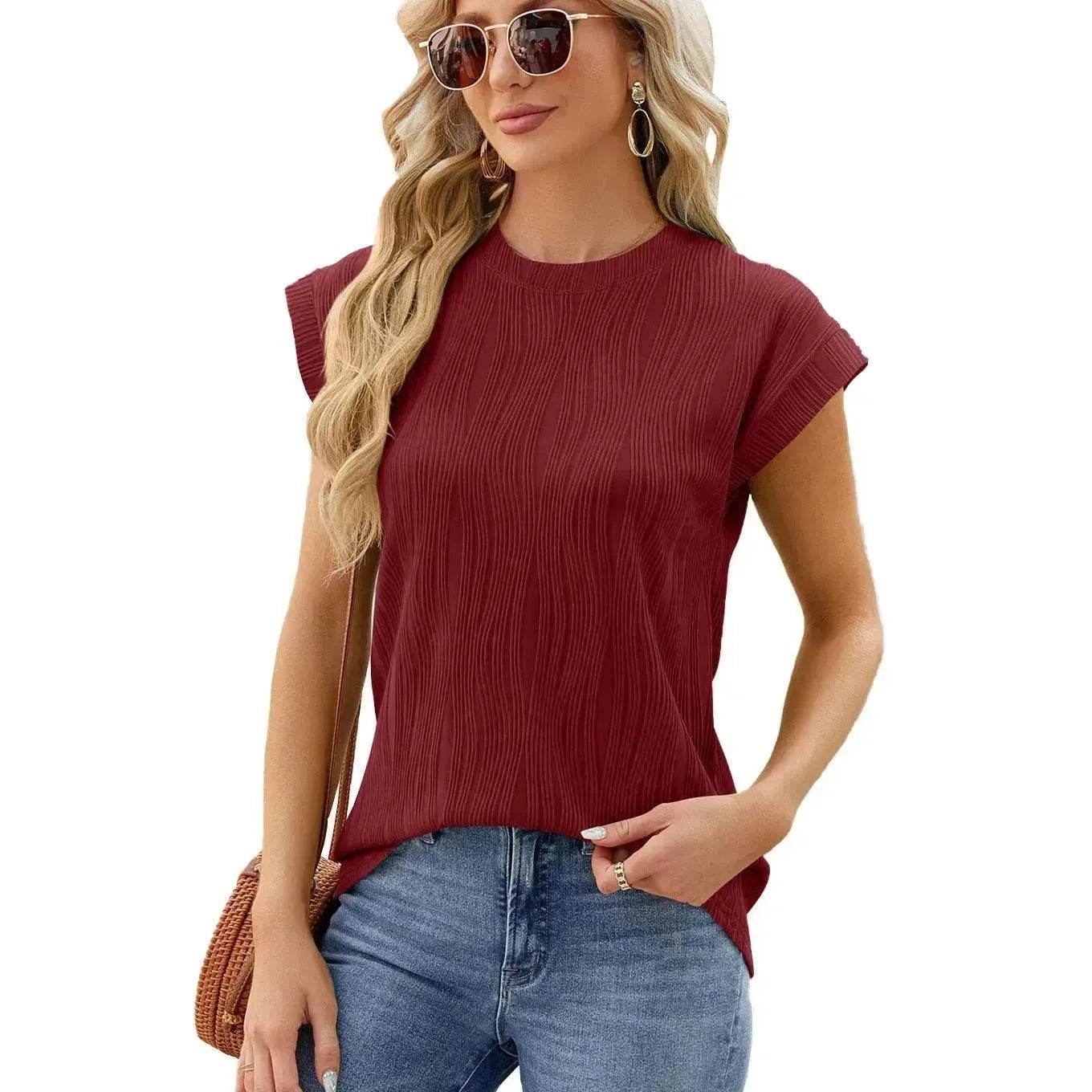 Solid Color Wave Pattern Bat Short sleeve blouse Top Summer Loose Vest Casual Cotton Women