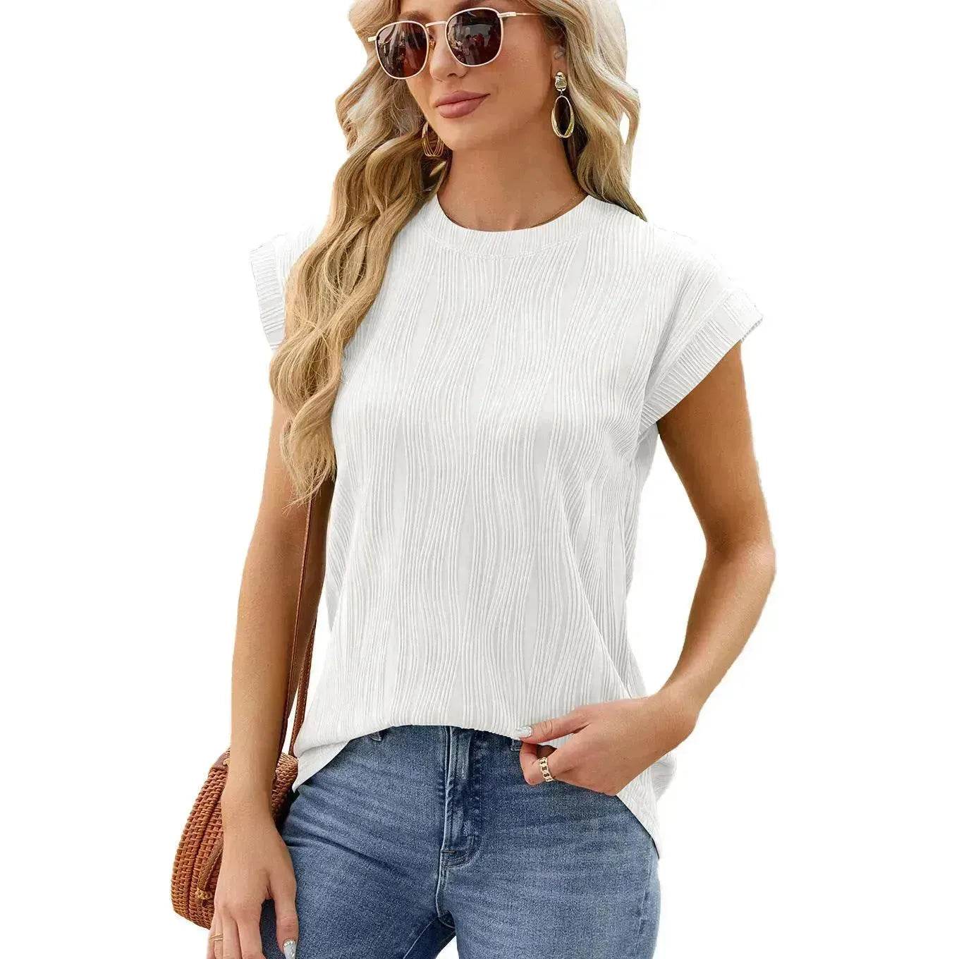 Solid Color Wave Pattern Bat Short sleeve blouse Top Summer Loose Vest Casual Cotton Women