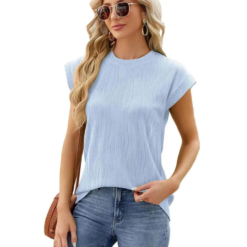 Solid Color Wave Pattern Bat Short sleeve blouse Top Summer Loose Vest Casual Cotton Women