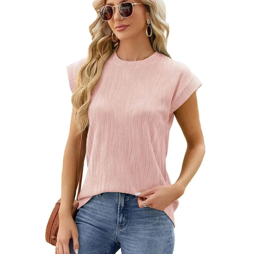 Solid Color Wave Pattern Bat Short sleeve blouse Top Summer Loose Vest Casual Cotton Women