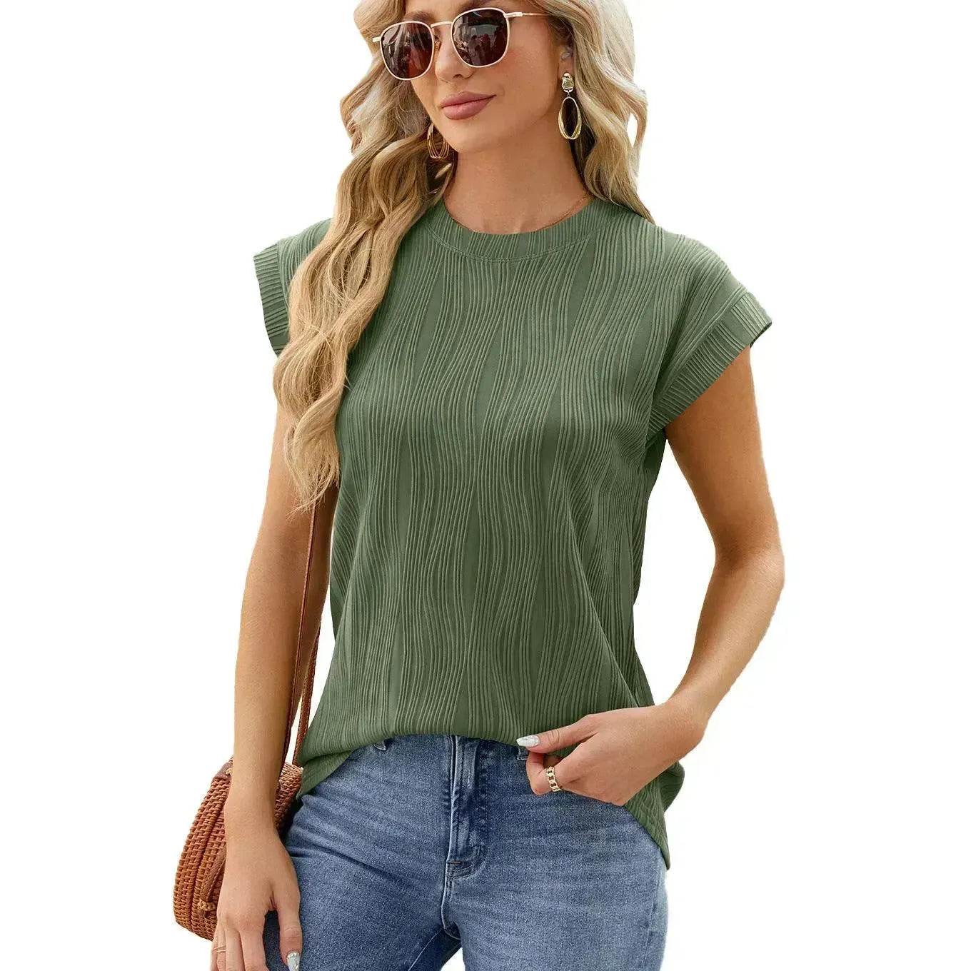 Solid Color Wave Pattern Bat Short sleeve blouse Top Summer Loose Vest Casual Cotton Women