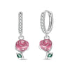 Romantic Rose Sterling Silver Hoop Earrings With Green Accents