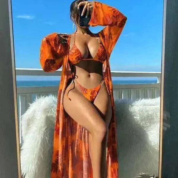 Split Long Sleeve Ins Blouse Banded Bikini