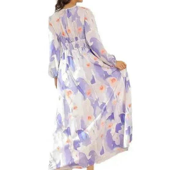 Spring NEW Long Casual Long Sleeve V-neck Printed Beach Long Flowy Dress