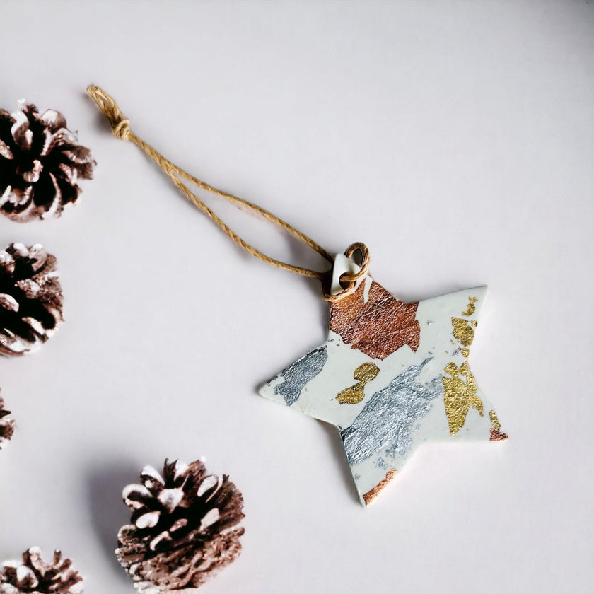 White Christmas Ornament Gift Set of 3, Gold Silver Copper Foil Flakes