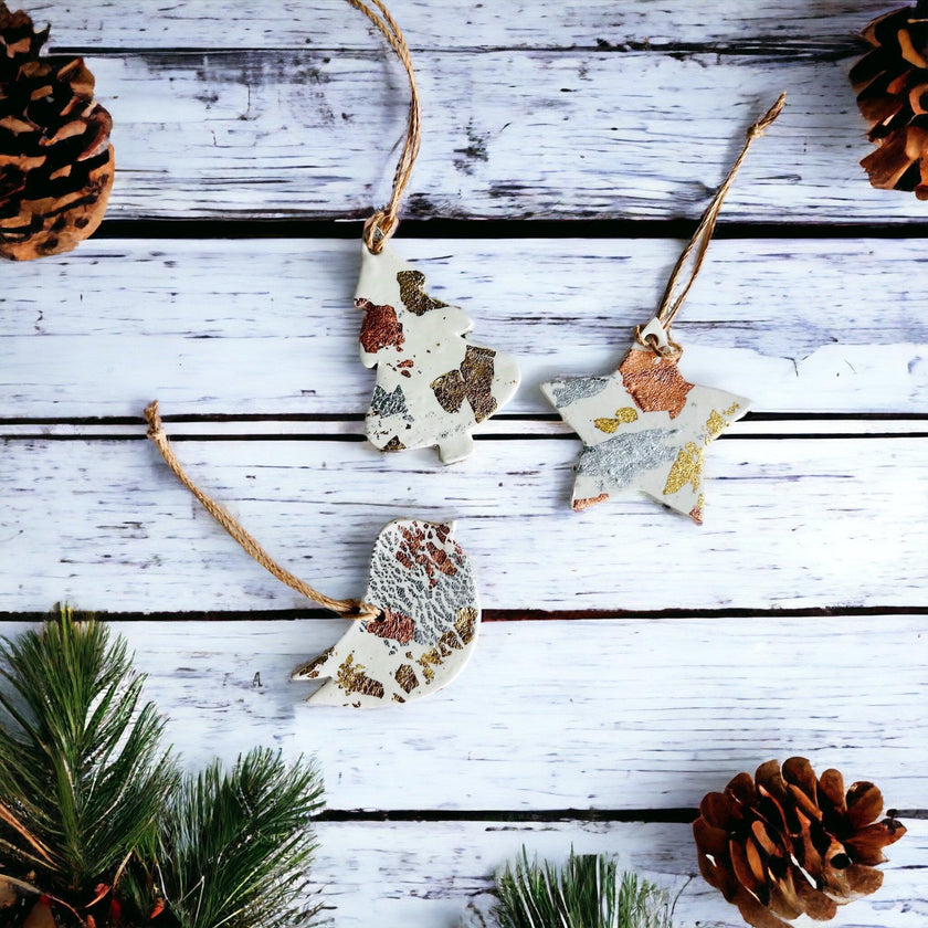 White Christmas Ornament Gift Set of 3, Gold Silver Copper Foil Flakes