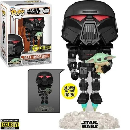 Star Wars: The Mandalorian Dark Trooper with Grogu Glow-in-the-Dark Pop! Vinyl Figure- Entertainment Earth Exclusive