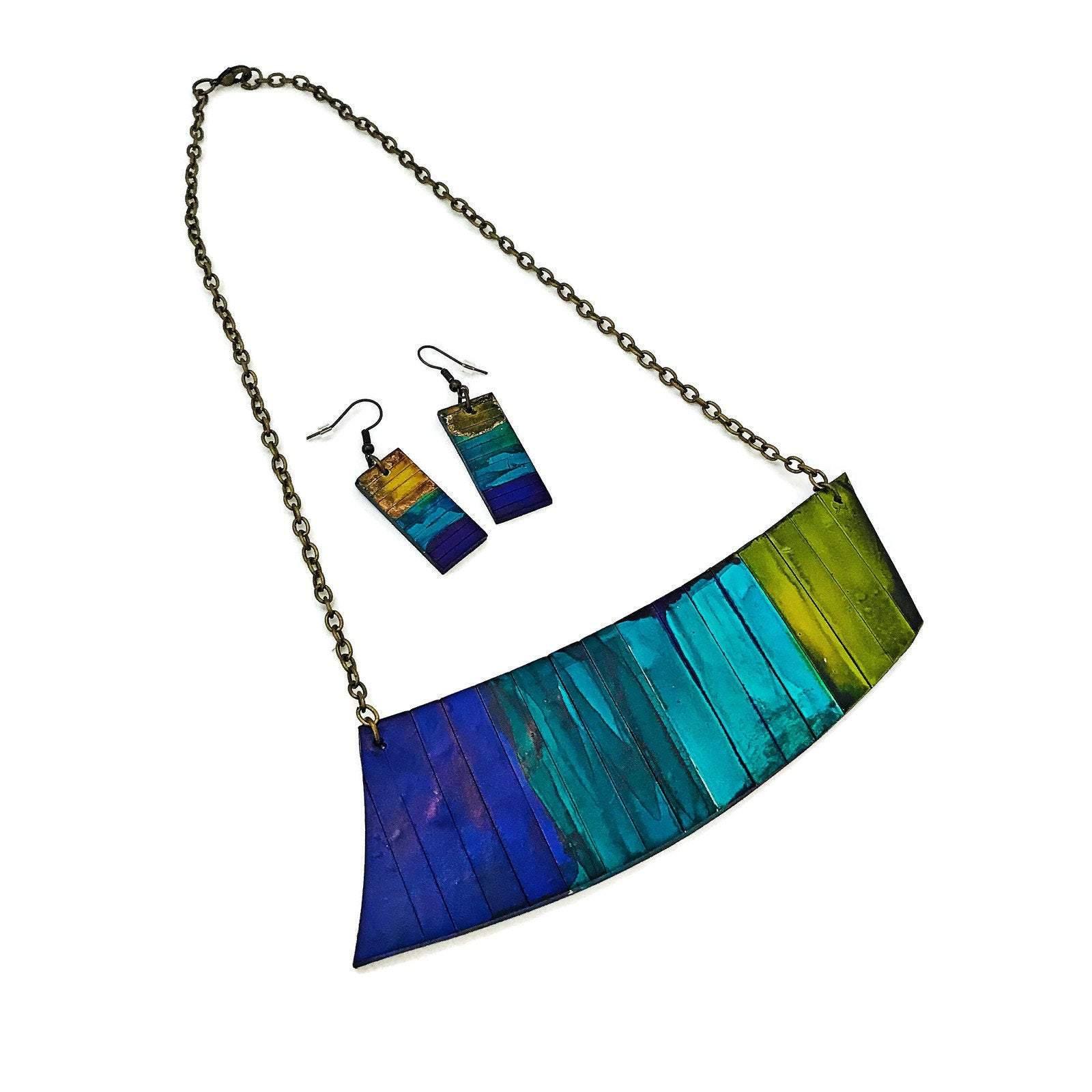 Statement Jewelry Set with Ombre Stripes, Bar Earrings & Asymmetric Necklace