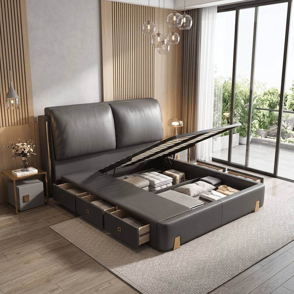 Sterling Luxury Upholstered Storage Bed with Hydraulic Lift and Side Drawers