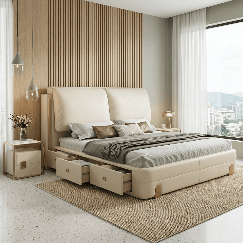 Sterling Luxury Upholstered Storage Bed with Hydraulic Lift and Side Drawers