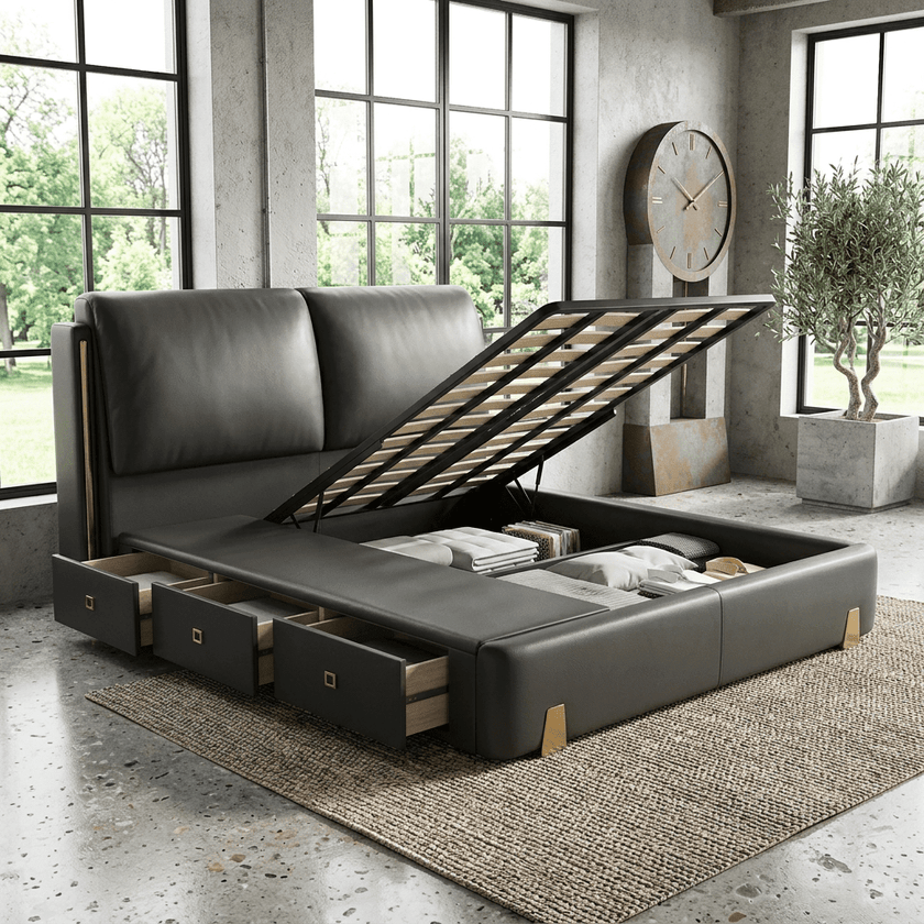 Sterling Luxury Upholstered Storage Bed with Hydraulic Lift and Side Drawers