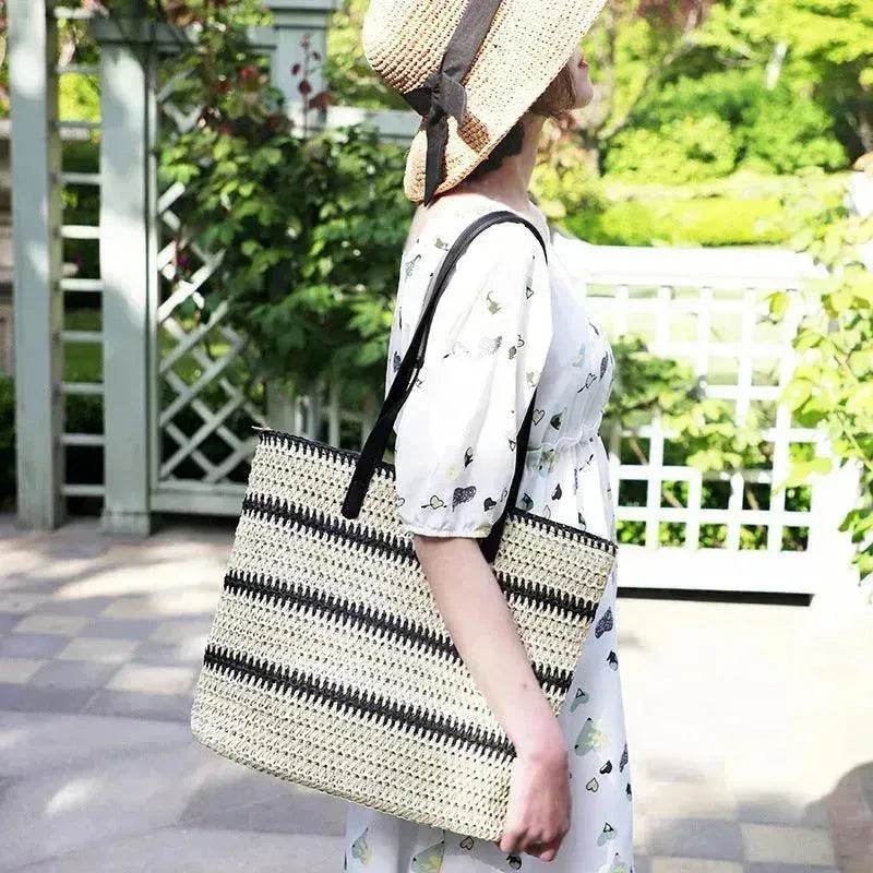 Striped Large Capacity Casual Summer Woven Straw Beach Tote Bag