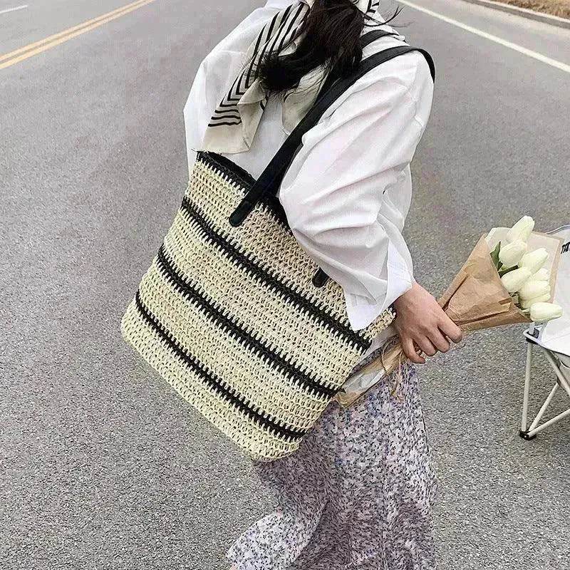 Striped Large Capacity Casual Summer Woven Straw Beach Tote Bag