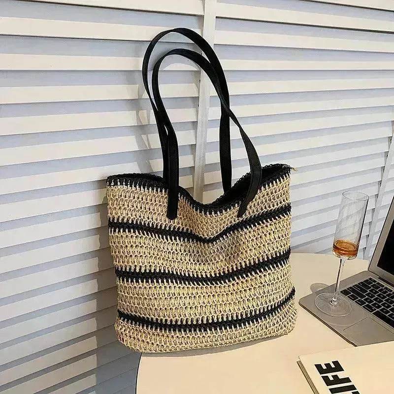 Striped Large Capacity Casual Summer Woven Straw Beach Tote Bag