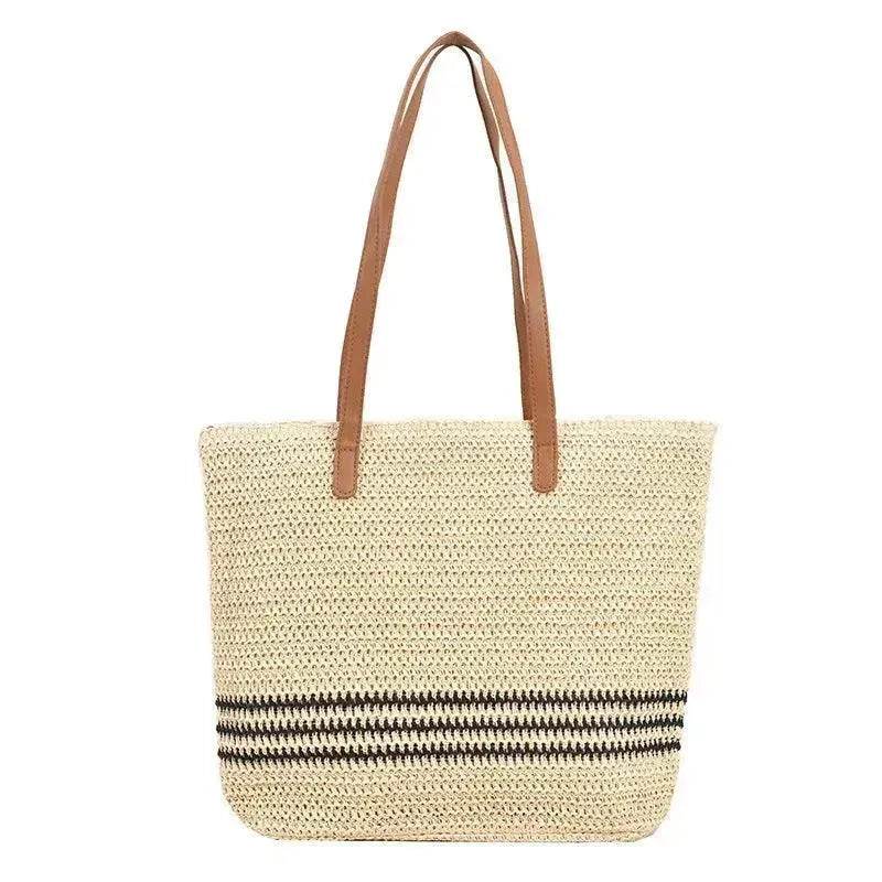 Striped Large Capacity Casual Summer Woven Straw Beach Tote Bag