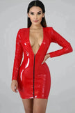 Stylish  Bodycon Leather Mini Dress for Women V-neck Zipper Short Dress Party Dress