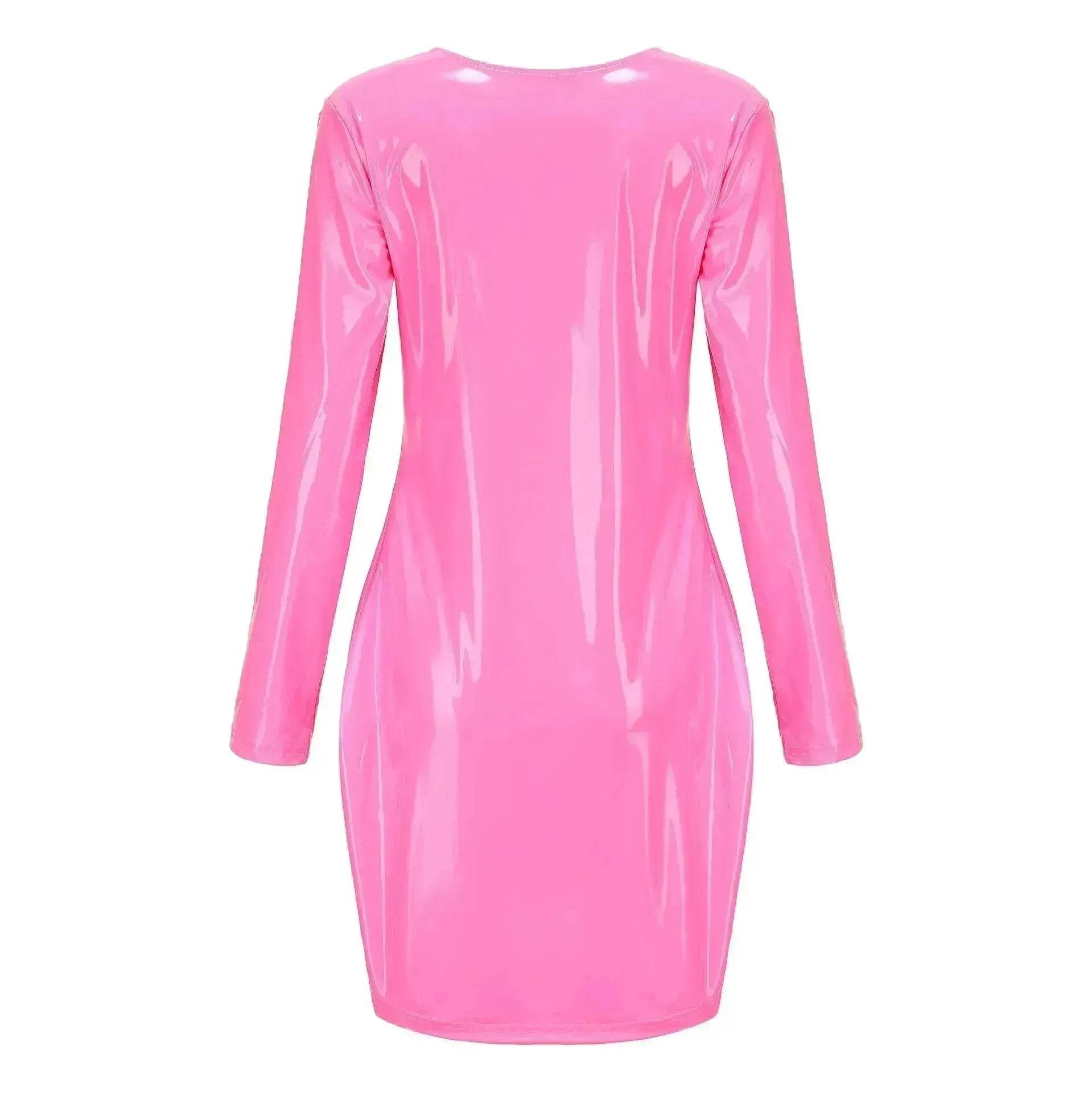 Stylish  Bodycon Leather Mini Dress for Women V-neck Zipper Short Dress Party Dress