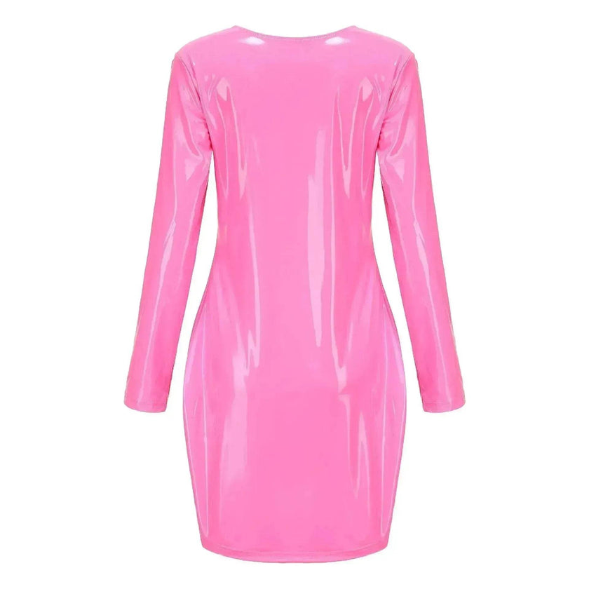 Stylish  Bodycon Leather Mini Dress for Women V-neck Zipper Short Dress Party Dress