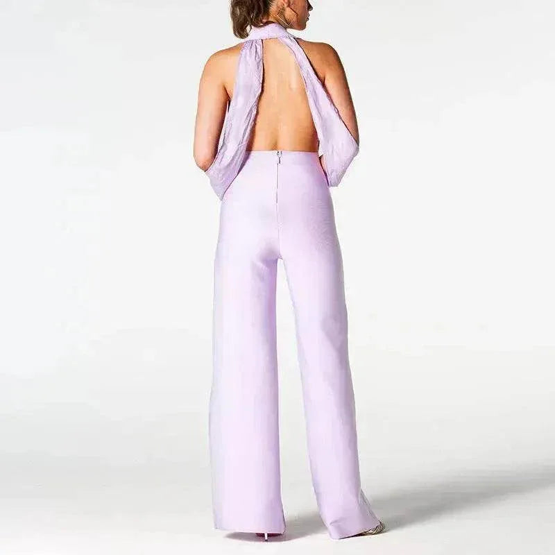 Summer Backless Halter V-neck Slimming Backless Slit Jumpsuit