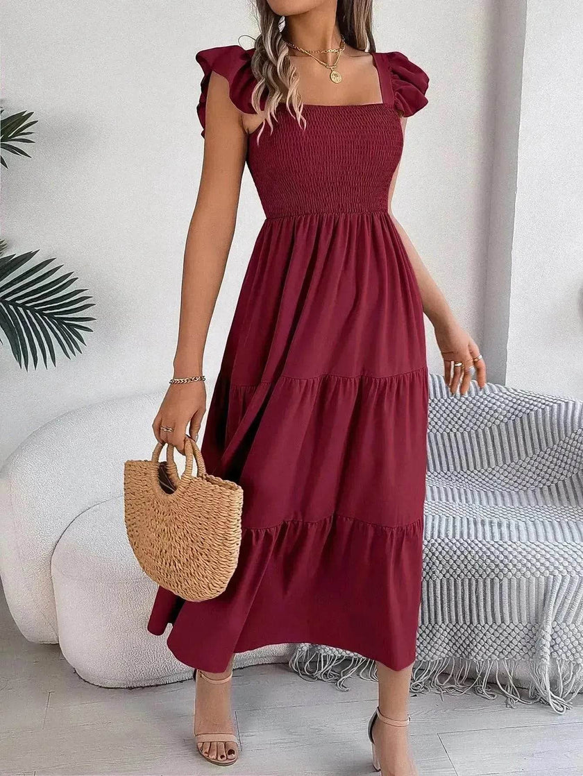 Summer Dress Casual Women's Sleeveless Midi Dress Pleated Long Layered Dress