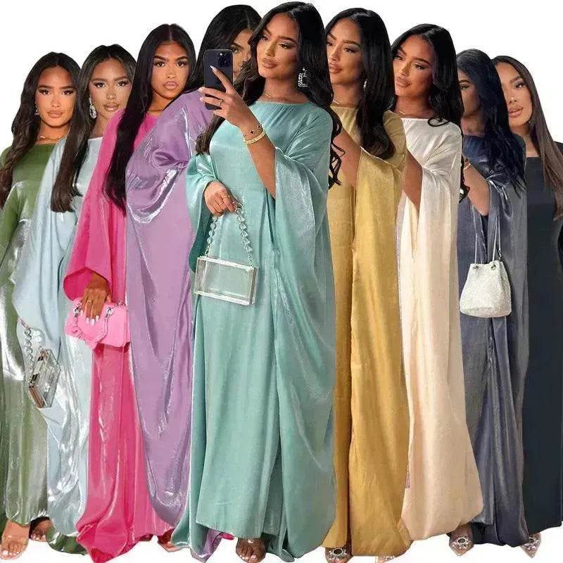 Fashion Satin Waist Muslim Abaya Dress for Arab Dubai Turkey Middle East Women