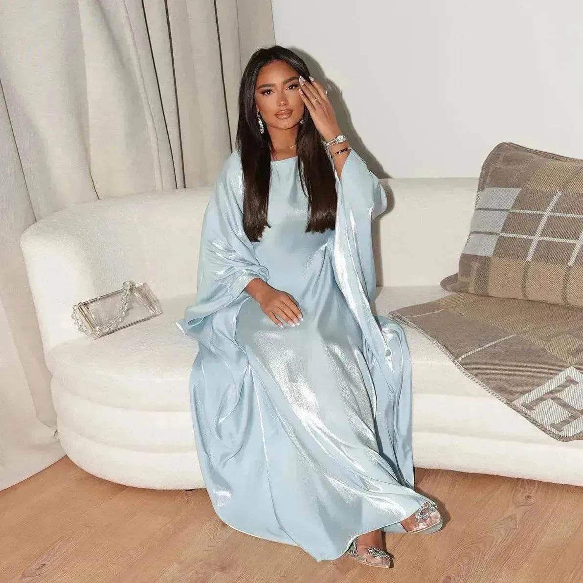 Fashion Satin Waist Muslim Abaya Dress for Arab Dubai Turkey Middle East Women