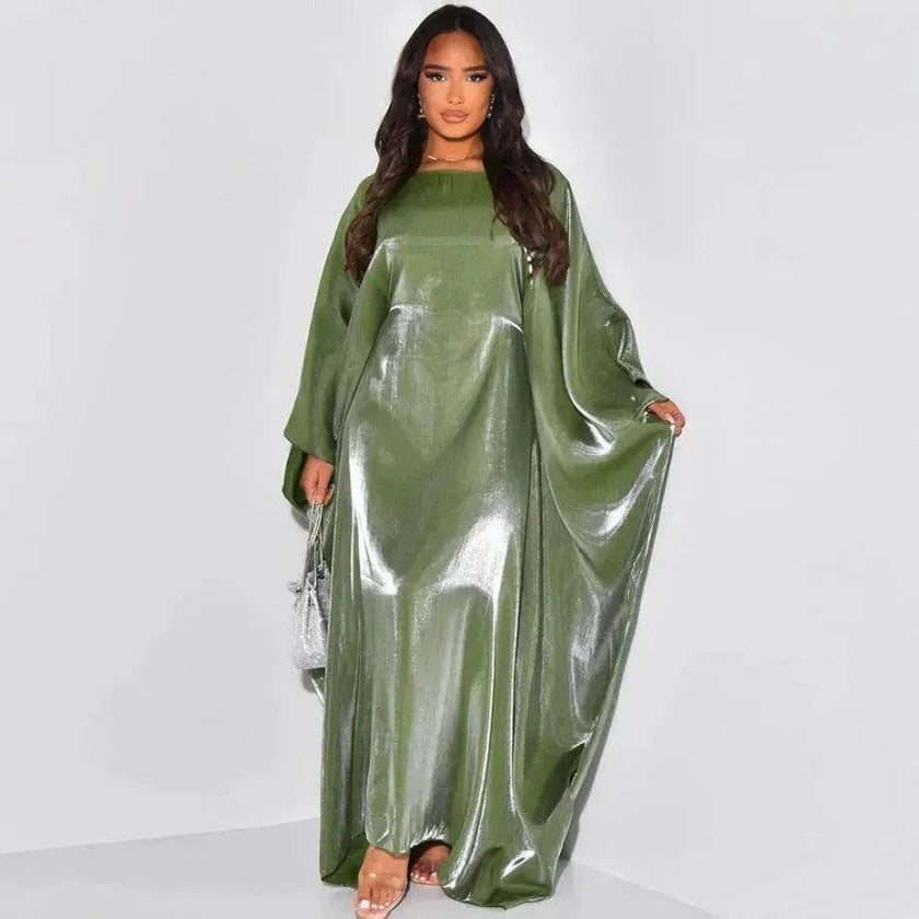 Fashion Satin Waist Muslim Abaya Dress for Arab Dubai Turkey Middle East Women